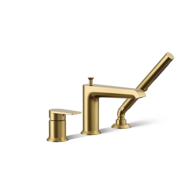 Hint Single-Handle Deck-Mount Roman Tub Faucet with Handshower in Vibrant Brushed Moderne Brass