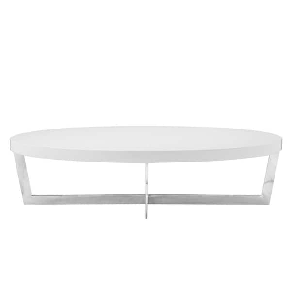 Benjara Tini 28 in. White and Chrome Oval Wood Coffee Table with Oval Shaped Top