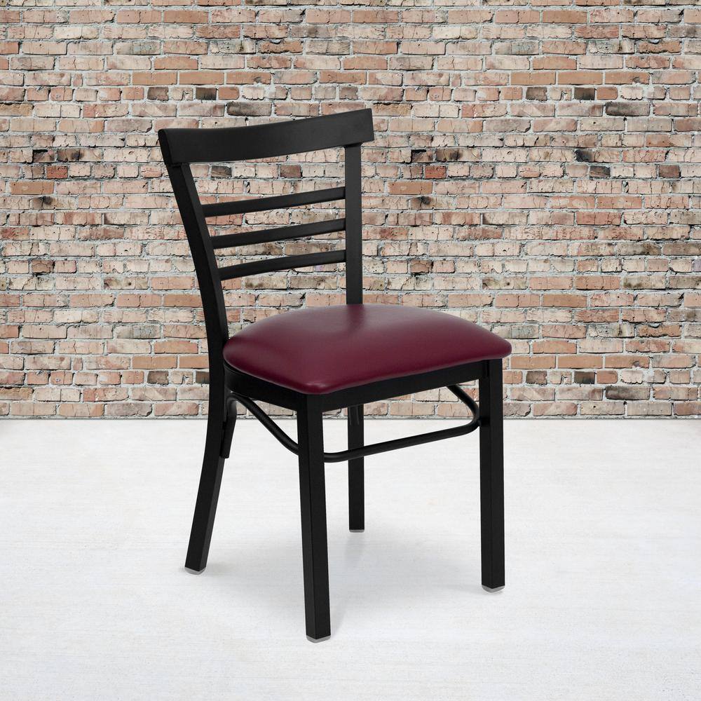 Black Metal Ladder Back Chair with Burgundy Vinyl Seat