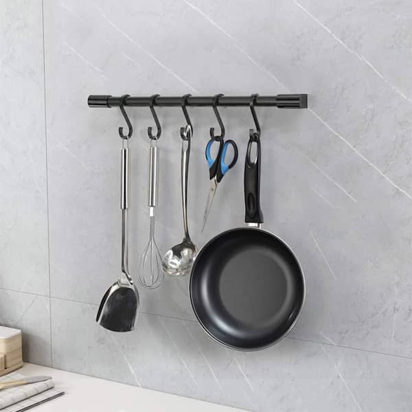 17.3 in. Black Aluminum Kitchen Wall Rail with Removable 5-S-Hooks for Space-Saving Storage