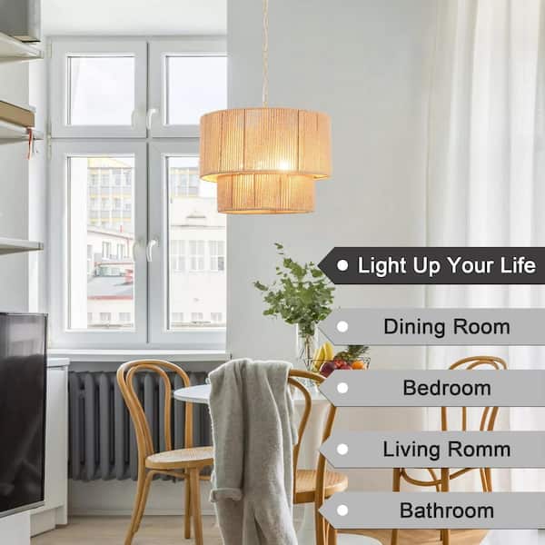 ADSENSTY 5 Light 2-Tier Gold Drum Rattan Dimmable Chandelier for