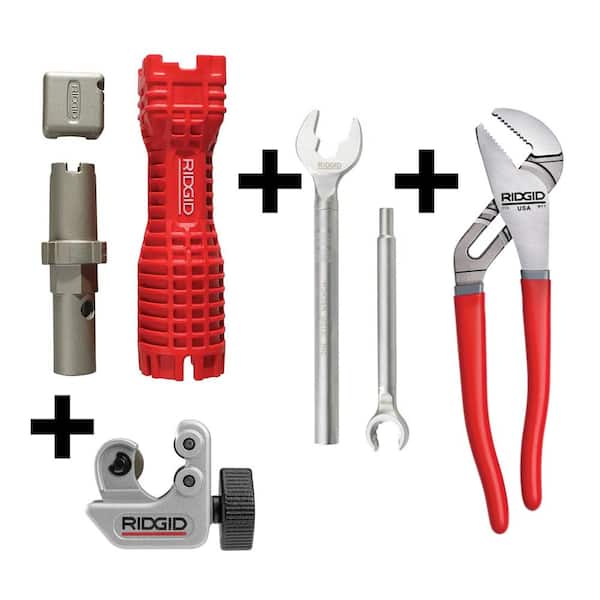 RIDGID EZ Change Faucet Tool + One Stop Wrench + 101 Copper Tubing Cutter + 10 in. Water Pump Pliers Plumbing Essentials Bundle