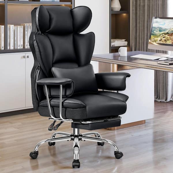 PU Leather Ergonomic Executive Chair in Black with Telescopic Foot Pedals, Adjustable Backrest Office Chair