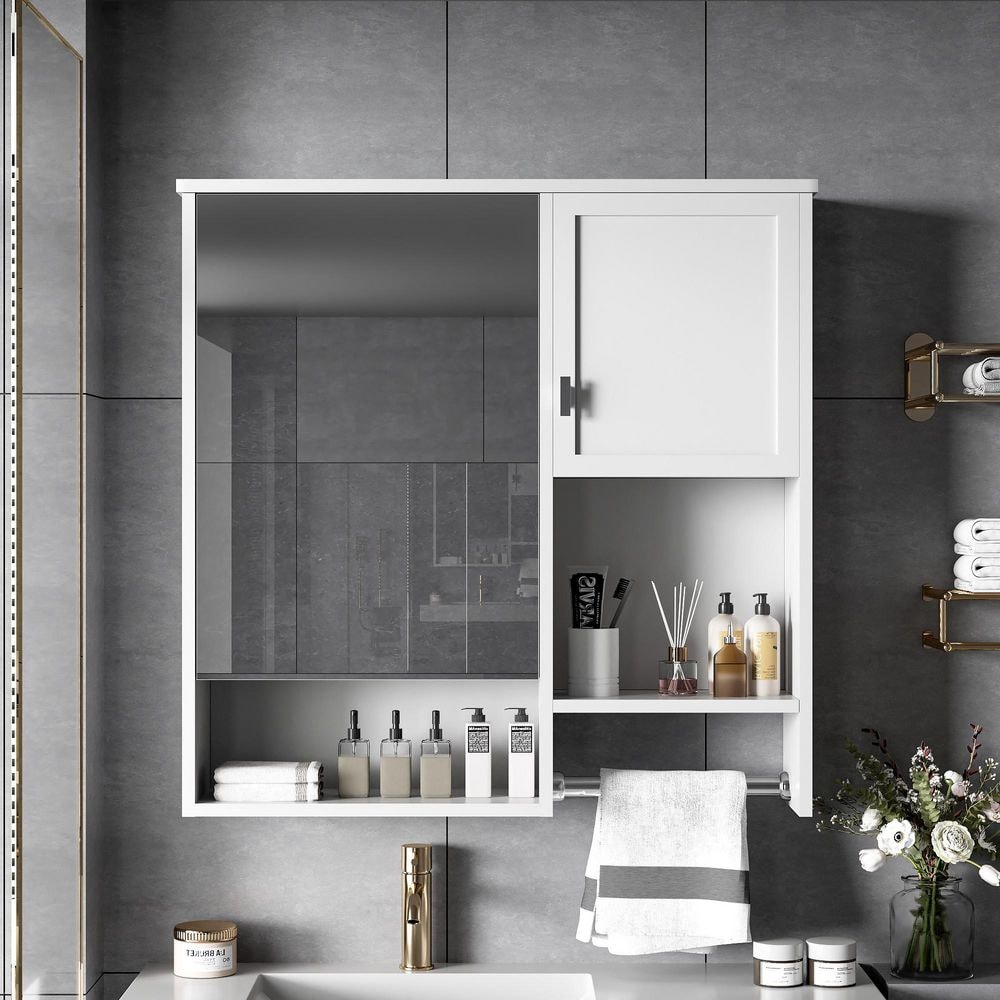 29 in. W x 28 in. H Rectangular Wood Medicine Cabinet with Mirror, Bathroom Wall Medicine Cabinet with Towels Bar, White price history on PriceWatchPro