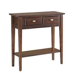 30 in. L 2-Drawer Hall Console Sofa Rectangle Table with Shelf, Chocolate Oak, Wooden Top
