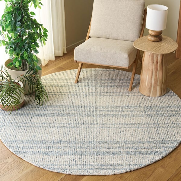 Abstract 6 ft. x 6 ft. Blue/Ivory Plaid Round Rug