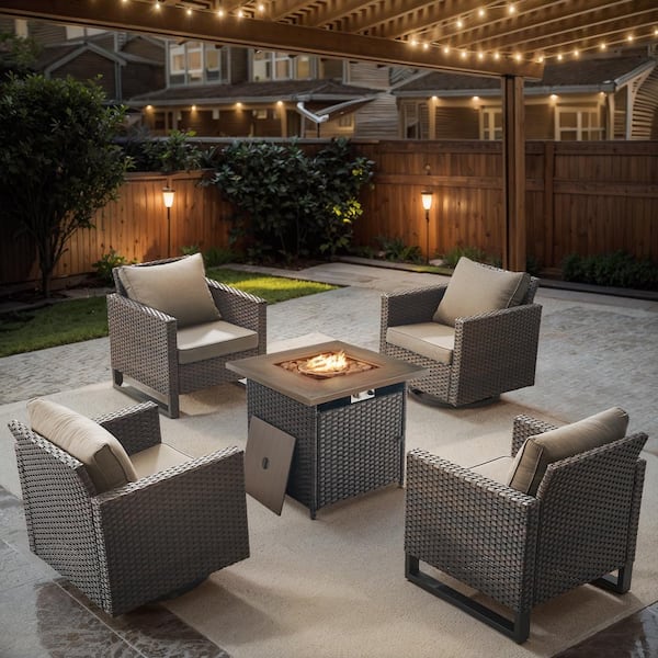 Opohoro U-Weave 5-Piece Brown Wicker Outdoor Square Fire Pit Conversation Set with Gray Cushions and Swivel Rocking Chairs