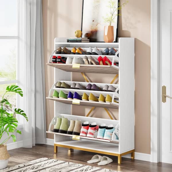 Solid Wood Shoe Cabinet with Hidden Shoe Rack,Rustic Entryway  Cabinet,Wooden Shoe Organizer Shoe Storage Furniture,No Need to  Assemble-Yellow Two