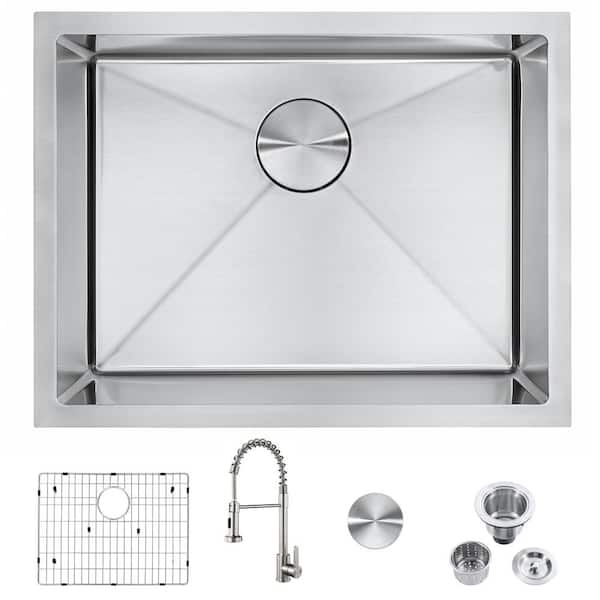 Unbranded 23 in. Undermount Single Bowl 18 Gauge Stainless Steel Kitchen Sink with Faucet and Bottom Grids