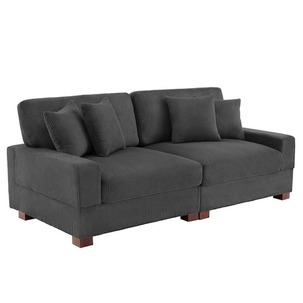 83 in. Square Arm Gray Corduroy Fabric Upholstered Sectional 2-Seats Sofa with Four Pillows