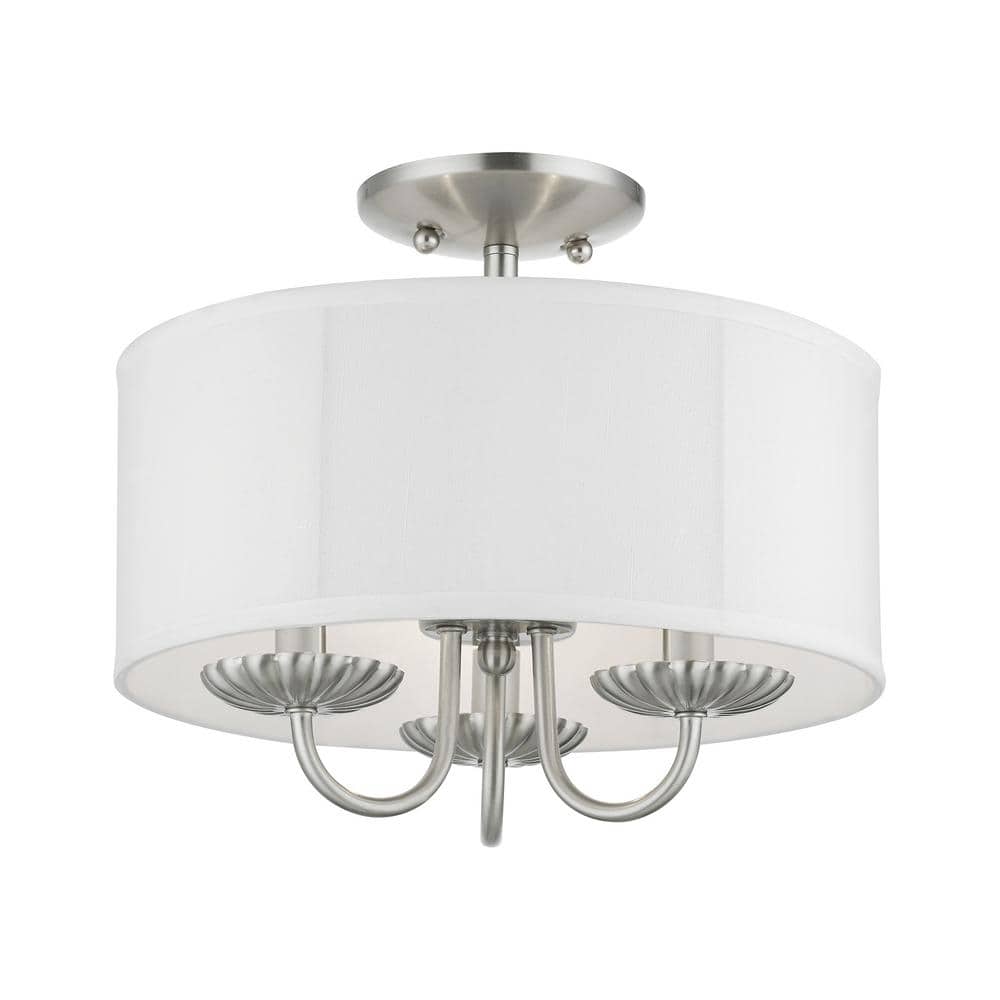 Transitional Brookdale Brushed Nickel 3-Light Semi-Flush Mount with Off-White Drum Shade