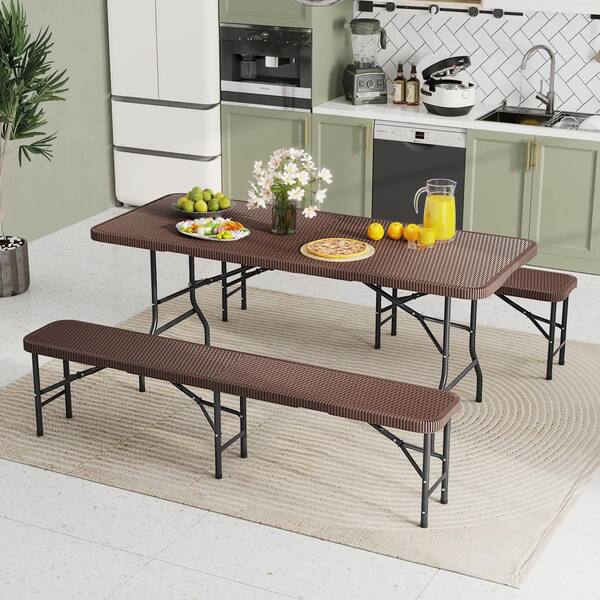 Gymax 29 in. Brown Rectangle Iron Folding Picnic Table Seats 4