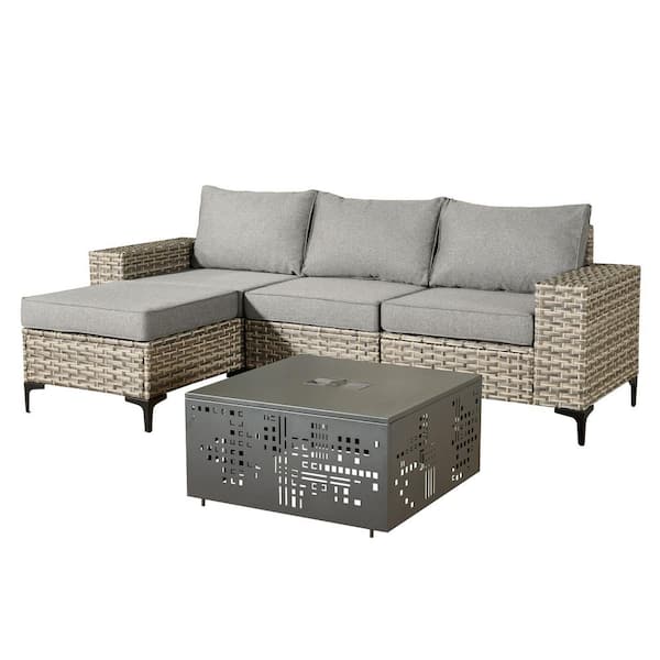 Sunny 5-Piece Wicker Outdoor Patio Conversation Sofa Set with a Solar-Lighted Coffee Table and Dark Gray Cushions