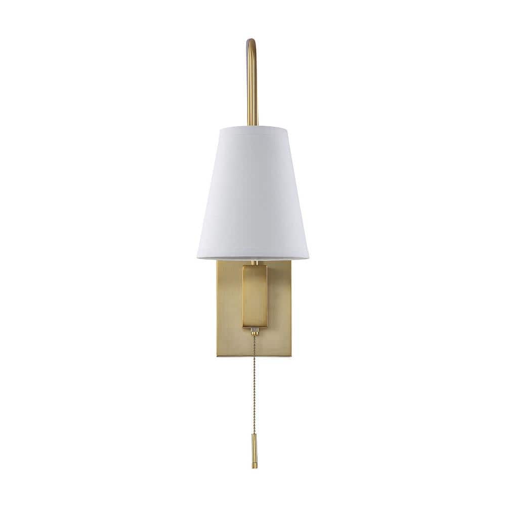 Owen Warm Brass Adjustable Arm Sconce with White Fabric Shade
