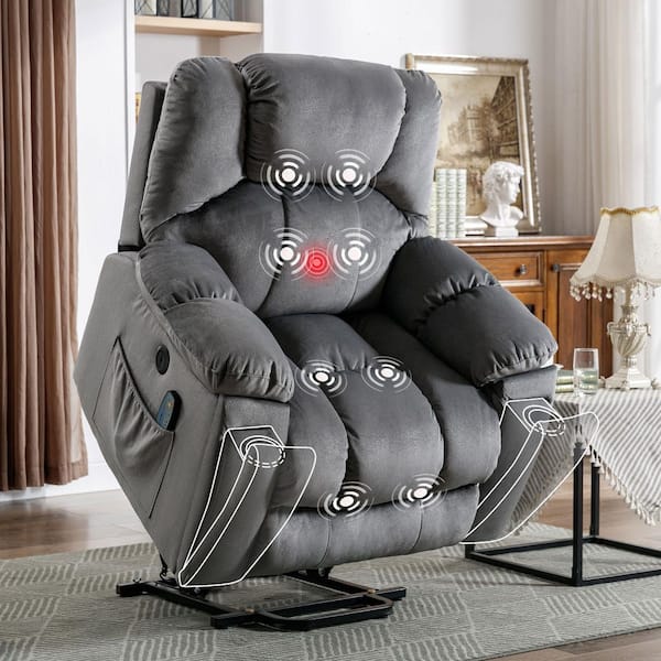 Set of 2- 40.6" W Grey Microfiber Oversize Power Lift Recliner Chair with Massage and Heating