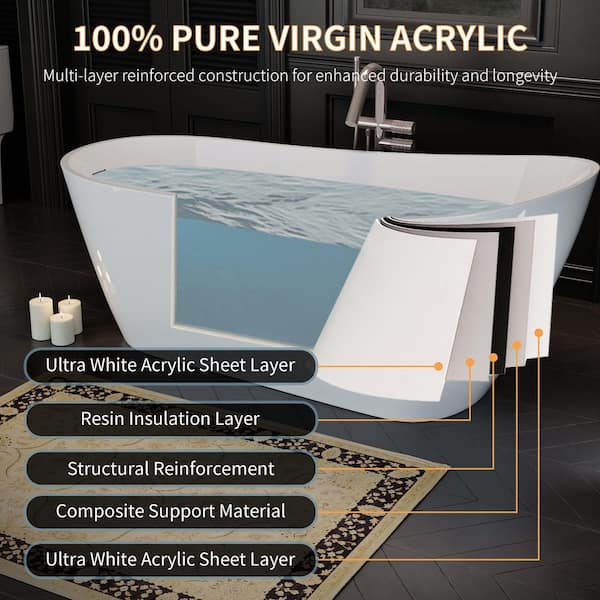 Vela 67 in. Modern Acrylic Luxury Stand Alone Flatbottom Tub Top Sloping Design Non-Whirlpool Soaking Bathtub in White