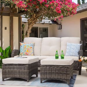 Wicker Outdoor Patio Sofa Sectional Set with Beige Cushions and Ottoman