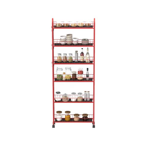 6 in. W 6-Shelf Red Metal Kitchen Car with Wheels