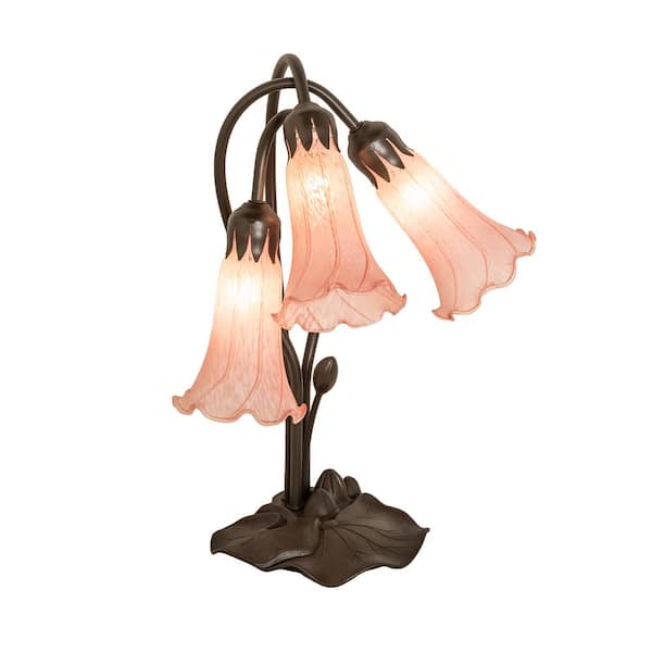 MEYDA Pond Lily 16 in. Mahogany Bronze Victorian Mini Table Lamp with Pink Glass Shade