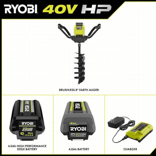 40V HP Brushless Cordless Earth Auger Powerhead with 8 in. Bit with 4.0 Ah Battery, 4.0 Ah EDGE Battery and Charger