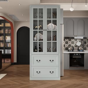 Gray Wooden 31.5 in. W Buffet Pantry Cabinet Kitchen Cabinet with Adjustable Shelves and Tempered Glass Doors, Drawers