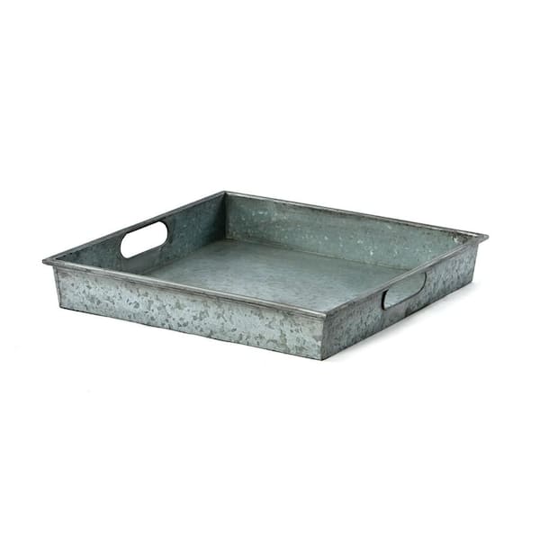 Benjara Square Gray Galvanized Metal Tray with Handle
