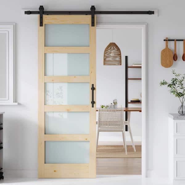 32 in. x 84 in. 5-Lite Tempered Frosted Glass Solid Core Spruce Wood Sliding Barn Door with Hardware Kit