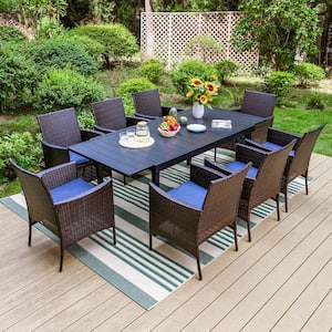 Black 9-Piece Metal Patio Outdoor Dining Set with Extendable Table and Rattan Chairs with Blue Cushion
