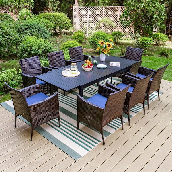 PHI VILLA Black 9-Piece Metal Patio Outdoor Dining Set with Extendable Table and Rattan Chairs with Blue Cushion