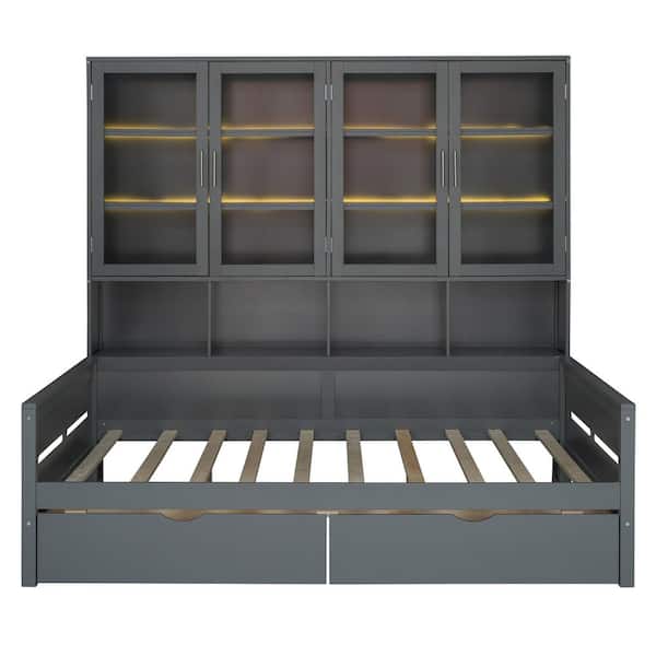 Nestfair Gray Full Size Daybed with 2 Drawers, Built-in LED Lighting and Storage Cabinets