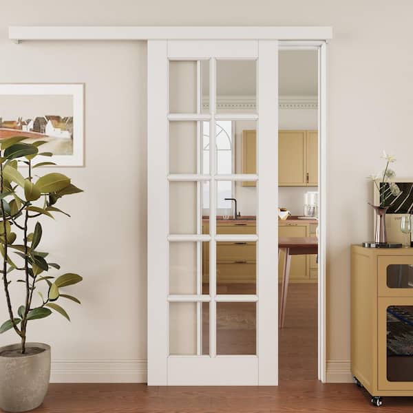 ARK DESIGN 30 in. x 80 in. 10-Lite Clear Glass White Primed MDF Sliding Barn Door with Hardware Kit Hidden Track Style