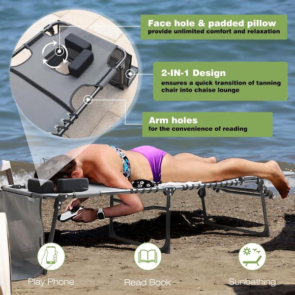 Set of 2 Chaise Lounge Chairs for Outside Tanning Chair with Face Hole, Pillow and Side Pocket, Dark Gray
