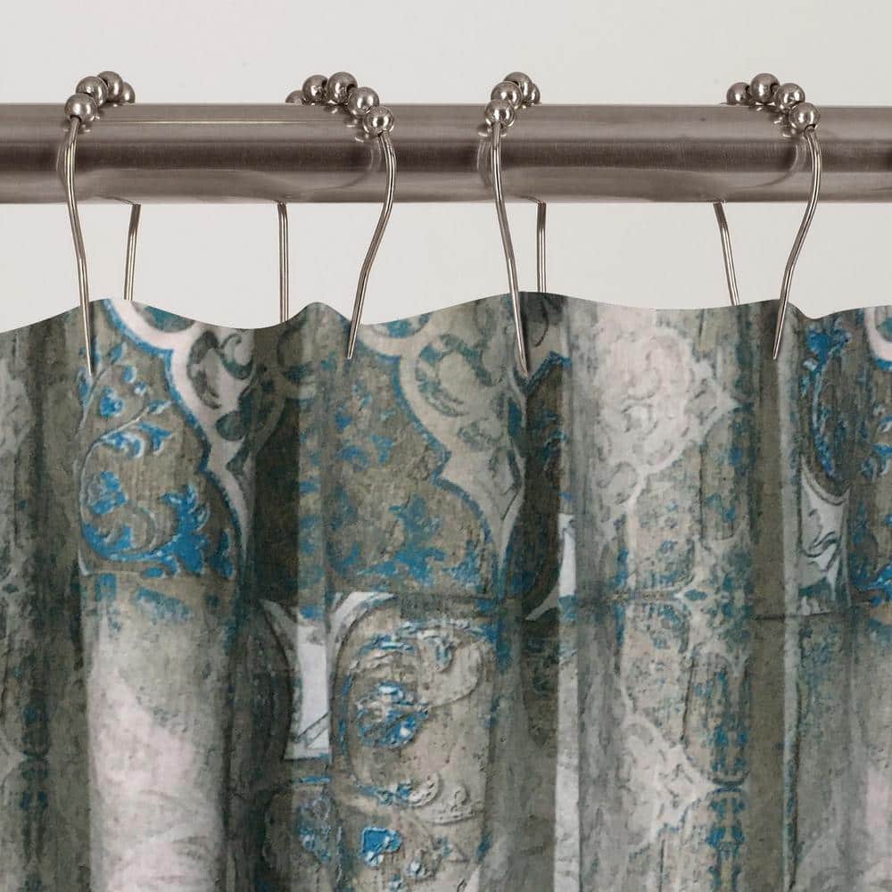 Blue Geometric Tile Design Cotton Shower Curtain with Liner