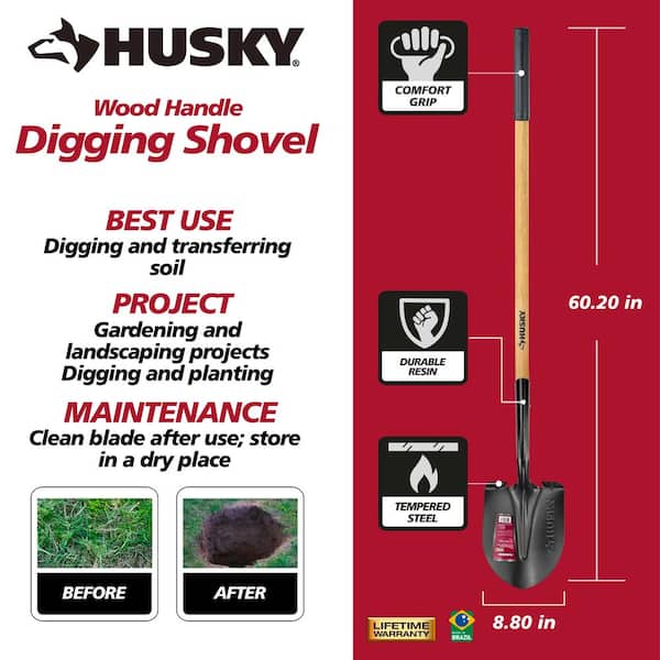 Husky 47 in. L Wood Handle Carbon Steel Digging Shovel with Grip