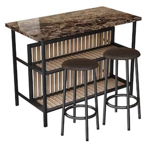Dora 3-Piece Rectangle Faux Marble Wood Top Brown Dining Table Set, Kitchen Island Set with 2-Stools for Kitchen