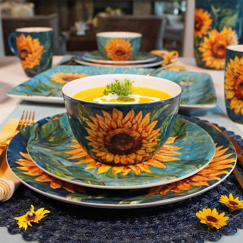 Golden Sunflower Blue Ceramic 20 oz Mug Set