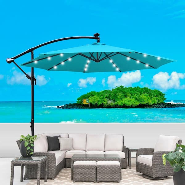 10 ft. Cantilever Turquoise Outdoor Patio Umbrella Solar LED Shade  Waterproof 8 Rib Umbrella with Crank and Cross Base GM-L-88 - The Home Depot