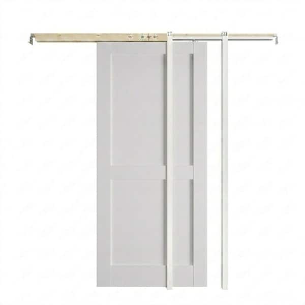 32 in. x 80 in. White Primed Solid Core MDF 2-Panel Sliding Pocket Door With Frame and Hardware.