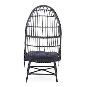 Gray Wicker Iron Patio Outdoor Lounge Chair, Egg Chair with Gray Cushion For Patio, Balcony, Bedroom