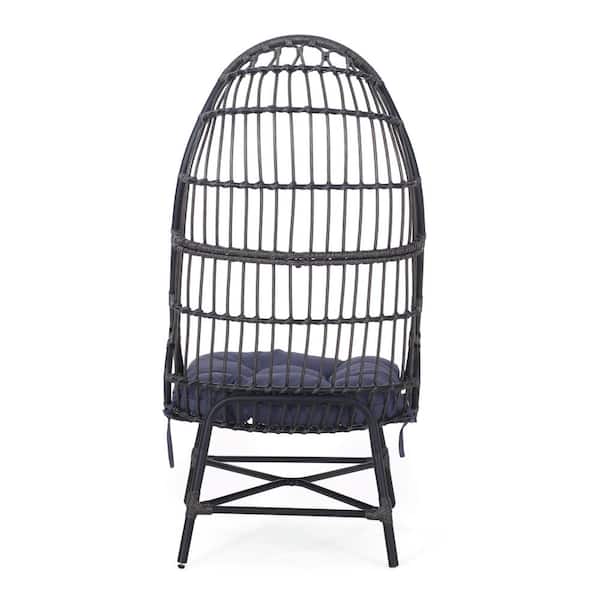 Zeus & Ruta Gray Wicker Iron Patio Outdoor Lounge Chair, Egg Chair with Gray Cushion For Patio, Balcony, Bedroom