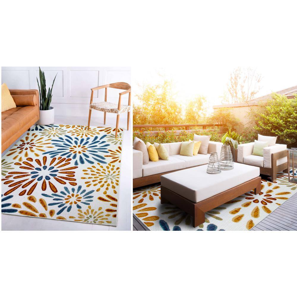 Blue and Gold Floral Indoor Outdoor Area Rug 4'x6'