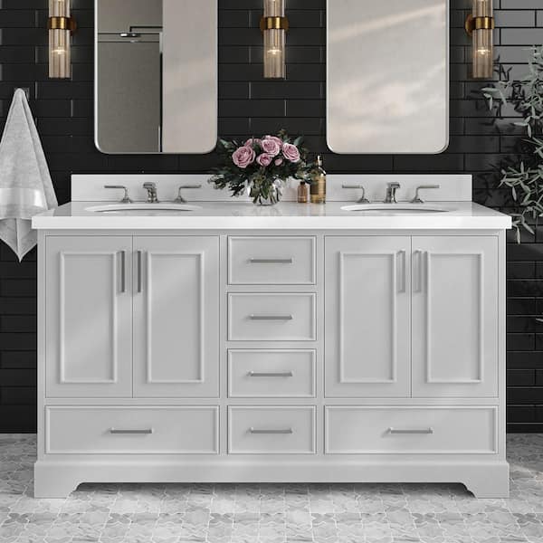 ARIEL Stafford 61 in. W x 22 in. D x 36 in. H Double Sink Freestanding Bath Vanity in Grey with Pure White Quartz Top