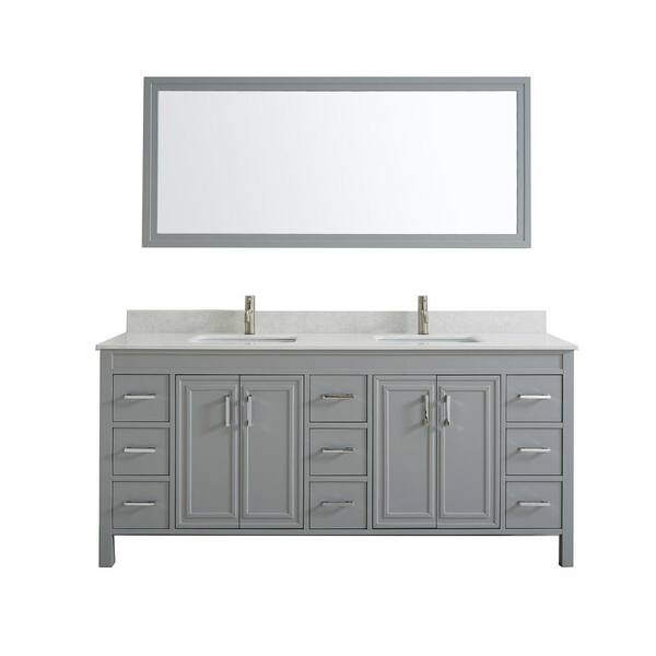 Studio Bathe Dawlish 75 in. W x 22 in. D Vanity in Oxford Gray with Solid Surface Vanity Top in White with White Basins and Mirror