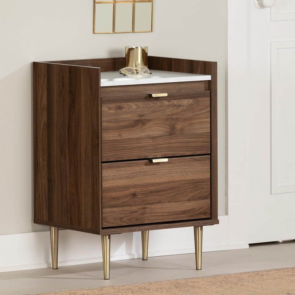 Natural Walnut and White Stone 2-Drawer End Table with Brass Legs