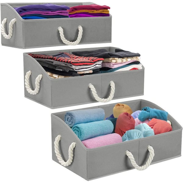 StorageWorks Closet Organizers with Handles, Rectangular Storage Baskets  for Shelves, Foldable Closet Storage Bins for Linen Closet, 3-Pack, Gray