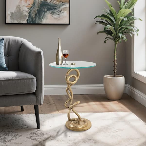 15 in Gold Round Glass Snake Accent Table