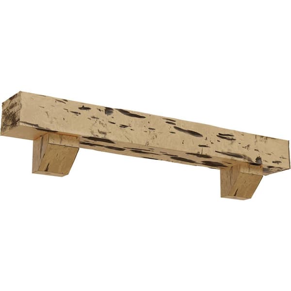 Ekena Millwork 8 in. x 10 in. x 5 ft. Pecky Cypress Faux Wood Fireplace Mantel Kit, Ashford Corbels, Natural Pine