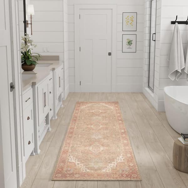 Vintage Washables Coral Taupe 2 ft. x 6 ft. Center Medallion Traditional Runner Area Rug