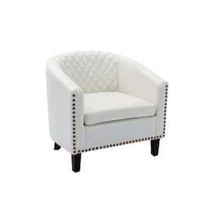 White Round Arm Faux Leather Rectangle Barrel Chair