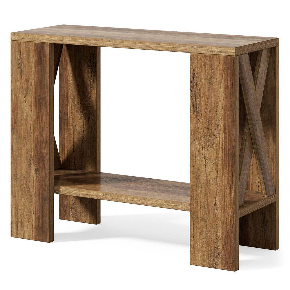 Kerlin 31.5 in. Brown Rectangle Wood End Table, Farmhouse 2-Tier Side Table with Storage Shelves Nightstand Beside Bed
